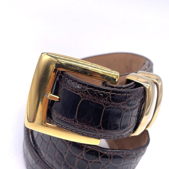 Women Croc Embossed Textured Dress Belt Gold Tone Buckle End to End 34.5 Inches main image 3